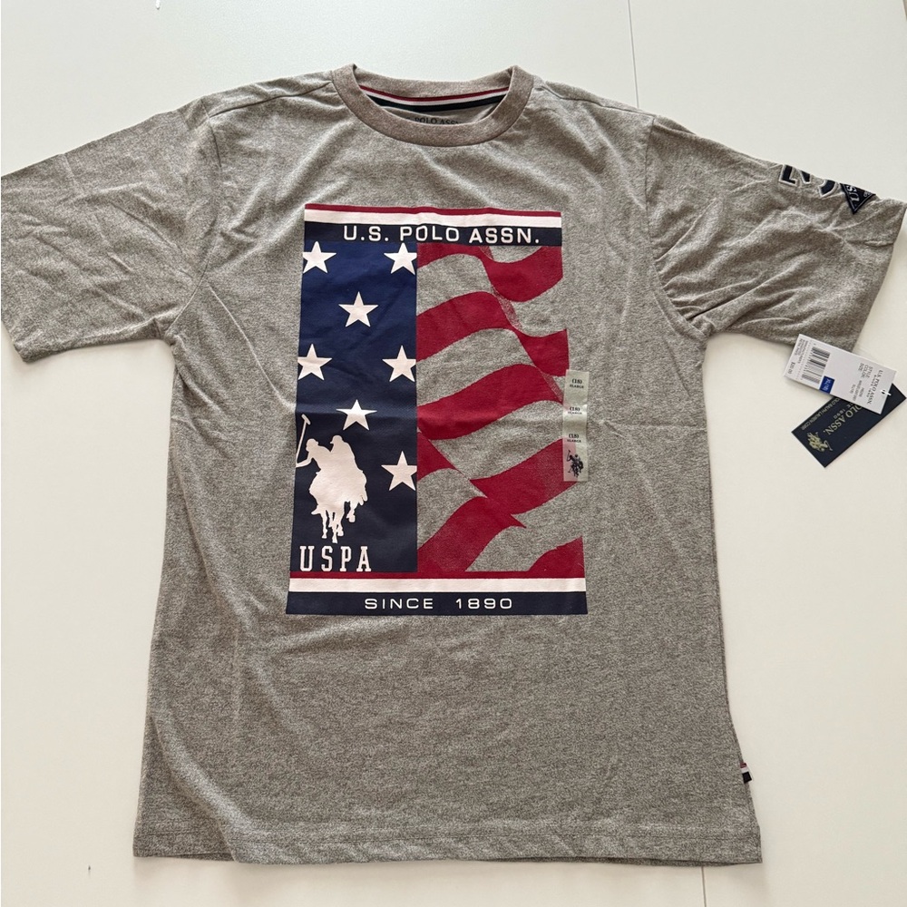 U.S. Polo Assn. Gray Tee with Red and Blue Flag Design